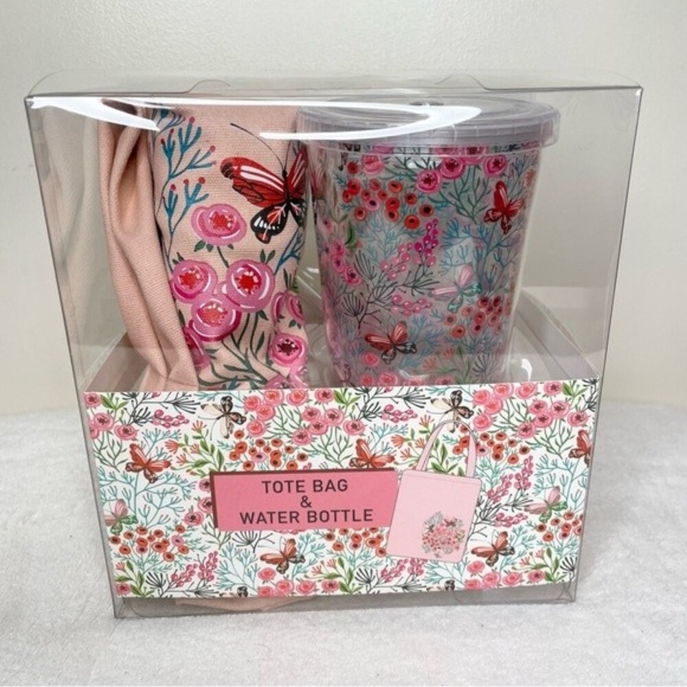 Tote Bag Gift Set Unbranded Water Bottle Plastic Tumbler with Straw Floral New